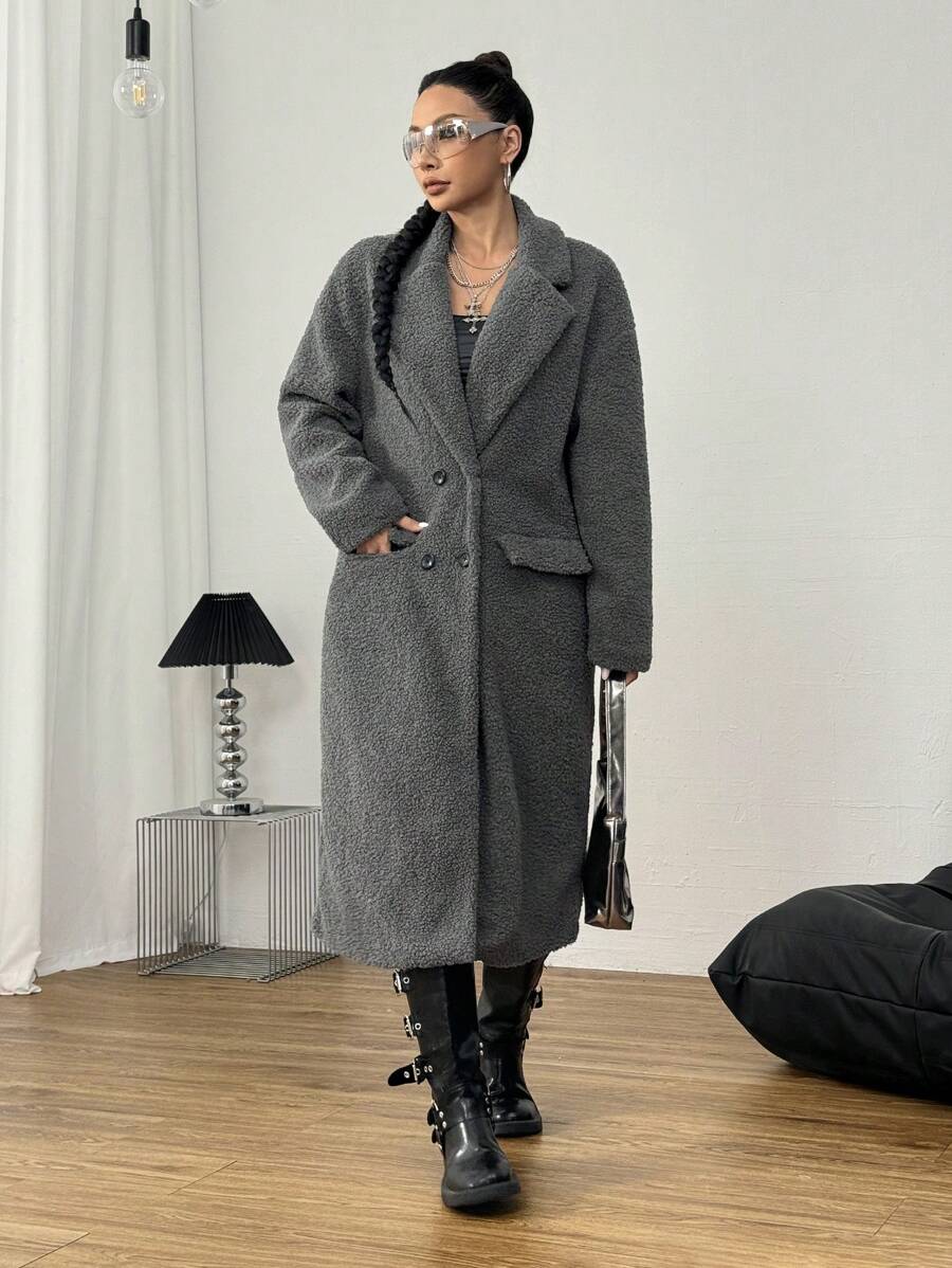Muchica 女士冬季休闲机场法兰绒保暖灰色中长外套 - 灰色 - 查看 1