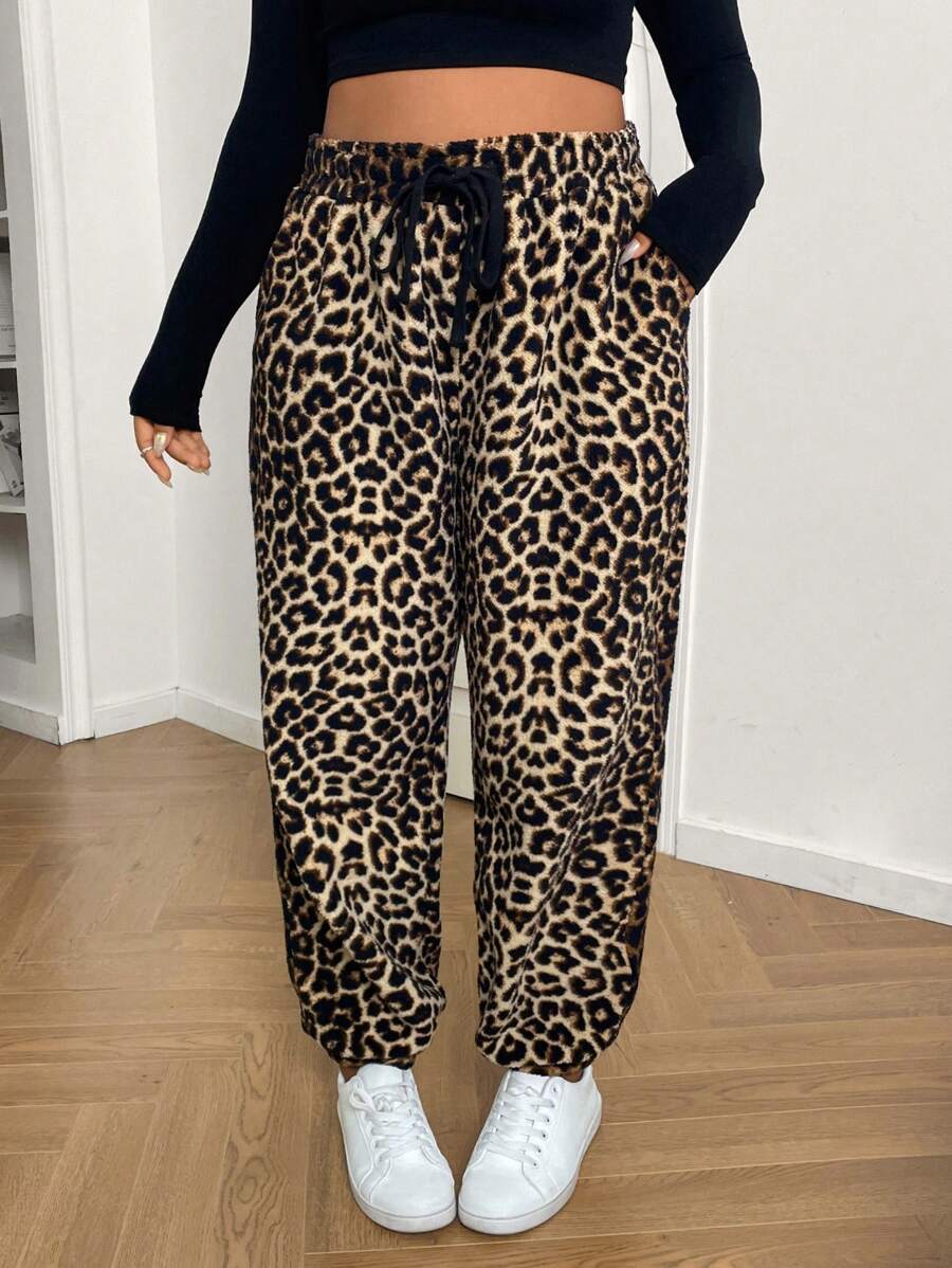 SHEIN EZwear Plus Size Women Casual Leopard Furry Cuff Sweatpants, Autumn/Winter