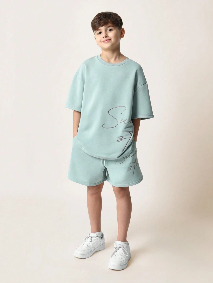SUMWON Conjunto de verano para niños con camiseta oversize y shorts a juego con detalles de estampado de texto, ultra cómodo para usar de forma casual y en el tiempo libre - Verde - Ver 1