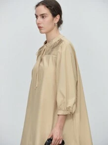 Aalyst 女士优雅时尚办公室装圆领系带肩褶皱宽松连衣裙，长袖 - 卡其色 - 查看 7