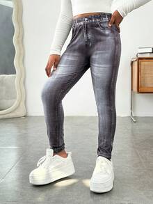 SHEIN Leggings estampados con efecto de denim elástico para niñas preadolescentes