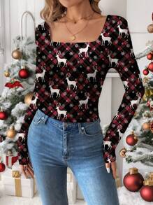 SHEIN LUNE Áo thun dài tay thường ngày hình tuần lộc Giáng sinh dành cho nữ, thích hợp làm lớp lót cho mùa thu/đông - Nhiều màu - Xem 6
