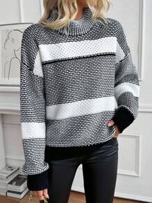 SHEIN LUNE Women's Commuter Contrast Stripe Turtleneck Chunky Knit Sweater