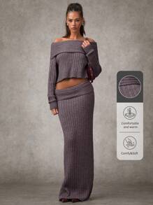 SHEIN BAE 女士纯色罗纹针织休闲裙秋季女式毛衣女式毛衣裙秋季女装冬季服装万圣节毛衣灰色翻腰毛衣长裙