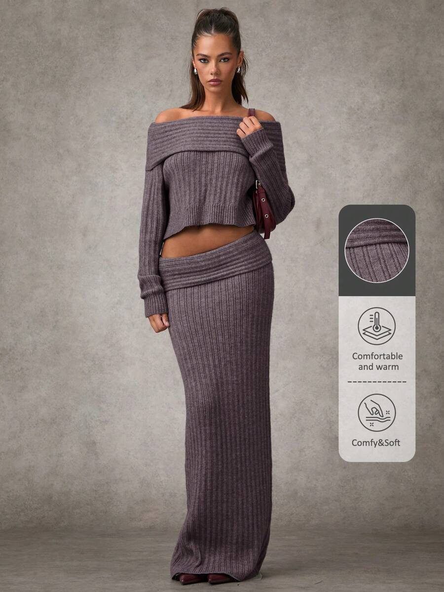 SHEIN BAE 女士纯色罗纹针织休闲裙秋季女式毛衣女式毛衣裙秋季女装冬季服装万圣节毛衣灰色翻腰毛衣长裙
