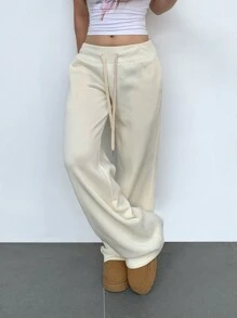 SHEIN BASICS Women's Casual Solid Color Woven Low Waist Straight Pants, Cozy Chic, Daily Commute, Warm Comfort, Thermal Treats - Apricot - View 6