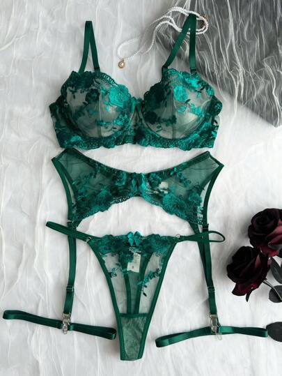 Women Bloemen Geborduurde Mesh Lingerie Set, Verleidelijke Underwear Set Going Out view 5