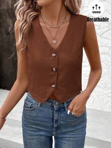 SHEIN LUNE Áo cánh không tay đơn hàng khuy đơn thoáng khí thời trang mùa hè cho nữ - Cà phê nâu - Xem 3