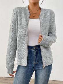 SHEIN LUNE Jaqueta Bomber de Estilo Esportivo Feminina, Tecido com Textura Jacquard, Casual, Adequada para Roupas Esportivas, Casa, Uso Elegante de Rua, Outono/Inverno - Cinza - Visão 6
