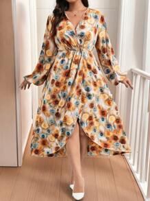 Celure Vestido envolvente con estampado floral 3D talla grande elegante