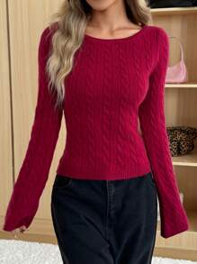 SHEIN EZwear 女士 Ancora 红色圆领长袖简约针织毛衣，秋冬季休闲日常穿着 - 酒紅色 - 查看 5