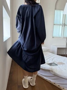 DAZY Women's Solid Color Minimalist Notch Collar Lantern Sleeve Ruffled Hem Loose Fit Casual Dress For Home - Navy Blue - View 2