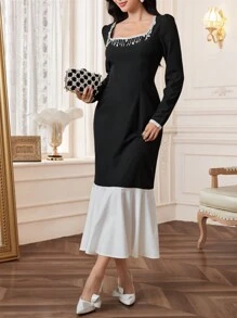 Modelyn 1pc Women's Premium Square Neck Patchwork Fringe Fishtail Skirt Long Evening Dresses