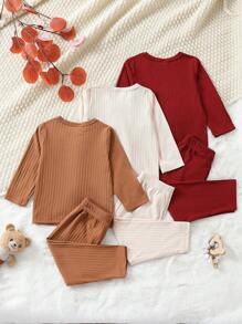 Conjunto de top de manga larga de cuello redondo y pantalones de punto para bebés niñas en paquete multiple - Burdeos - Ver 2
