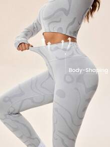 Lifespree 2 件女式休闲无缝圆领长袖上衣和紧身裤，弹力瑜伽运动套装健身套装 - 灰色 - 查看 4