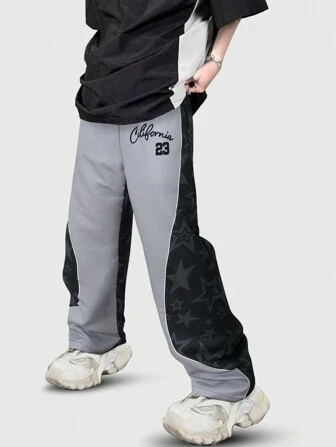 Street Life Pantalones casuales de hombre con bloqueo de color e impresión de estrellas, adecuados para primavera y verano