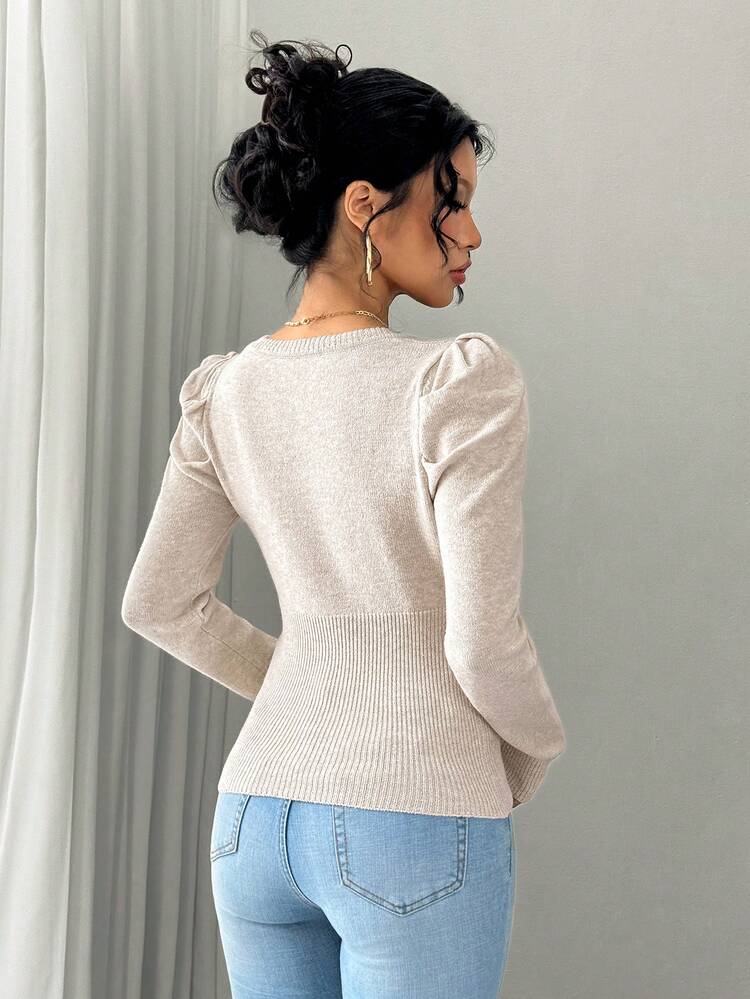 Chiquease 新品秋冬可爱蝴蝶结泡泡袖针织毛衣 - 杏色 - 查看 2