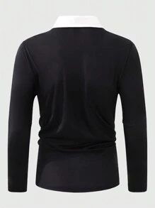 Manfinity Mode 男士加大码纯色拼布前扣长袖休闲 Polo 衫，适合外出 - 彩色 - 查看 2