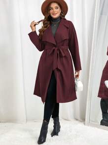 SHEIN Essnce Plus Size Women's Lapel Pocket Open Front Trench Coat - Burgundy - View 5