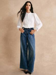 Poéselle Contrast Guipure Lace Button Front Shirt - White - View 5