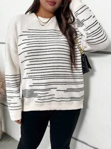 SHEIN Clasi Women Plus Size Asymmetrical Striped Crew Neck Pullover Sweater, Autumn/Winter - Multicolor - View 5