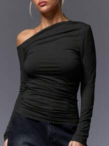 MUSERA Asymmetrical Shoulder Ruched Long Sleeve Top Casual Summer Holiday Going Out Tops Club Winter Elegant - Black - View 5