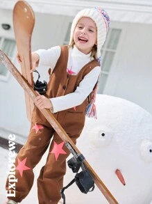 SHEIN Young Girl Casual Star Graphic Sleeveless Jumpsuit, Fashionable Playsuit Suitable For Home, Play, Festivals And Daily Wear - Brown - View 3