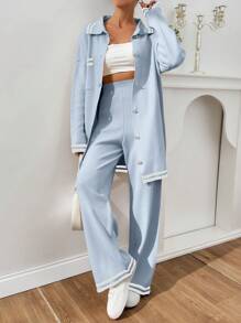 EURMUSE Women Stripe Pattern Pocket Detailed Front Button Cardigan & Sweater Pants Set - Baby Blue - View 4