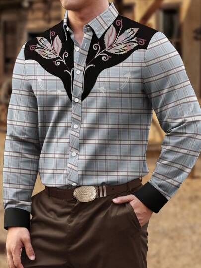 Manfinity Homme Men's Plants And Plaid Print Vintage Long Sleeve Loose Fit Collar Shirt, Spring/Autumn, For Prom, Friends