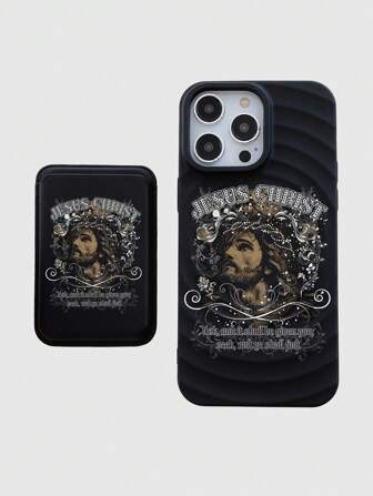 Grunge Punk 2pcs Magnetic Floral & Letter Print Magsafe Phone Case, Magnetic Card Holder With Jesus Christ Graphic Suitable For IPhone