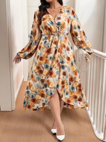 Celure Vestido envolvente con estampado floral 3D talla grande elegante