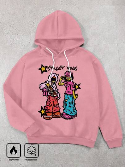 Manfinity EMRG Plus Size Men's Cartoon Character & Letter Print Drawstring Hoodie Sweatshirt, Spring And Autumn