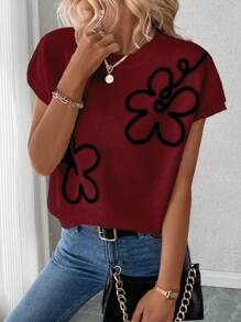 SHEIN LUNE Floral Pattern Wide Strap Short Sleeve Knit Sweater Top For Women For New Year Clothes