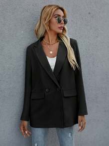 SHEIN PETITE Women's Fashion Casual/Work Solid Peak Lapel Double-Breasted Suit Jacket