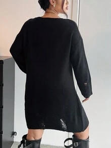 Flirla Đầm len dài tay cổ tròn thả vai màu trơn cỡ lớn cho nữ, mới thu đông - màu đen - Xem 2