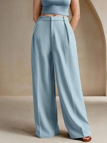 Anewsta Plus Size Women Navy Blue Casual Office Elegant Fashion Straight-Leg Suit Pants