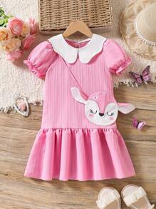 SHEIN Young Girl'Cool Kid Vertical Striped Pink Casual Dress,Summer Fairy Style With White Collar,Cartoon Bag Decor,Soft Fabric For Family Matching Wear - Hot Pink - View 4