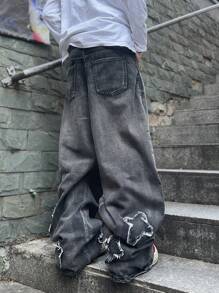 PAVTROS Manfinity Streetrush Men's Casual Street Fashionable Low Waisted Raw Edge Star Pattern Loose Wide Leg Jeans Going Out Hang Out College Vacation Street, Emo Style, Grunge - Black - View 2