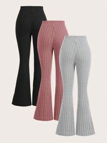 SHEIN EZwear 4 件套女式罗纹针织松紧腰喇叭休闲裤 - 藕粉色 - 查看 2
