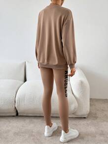 SHEIN Essnce 2 件套女士休闲运动卫衣套装 - 駝色 - 查看 4