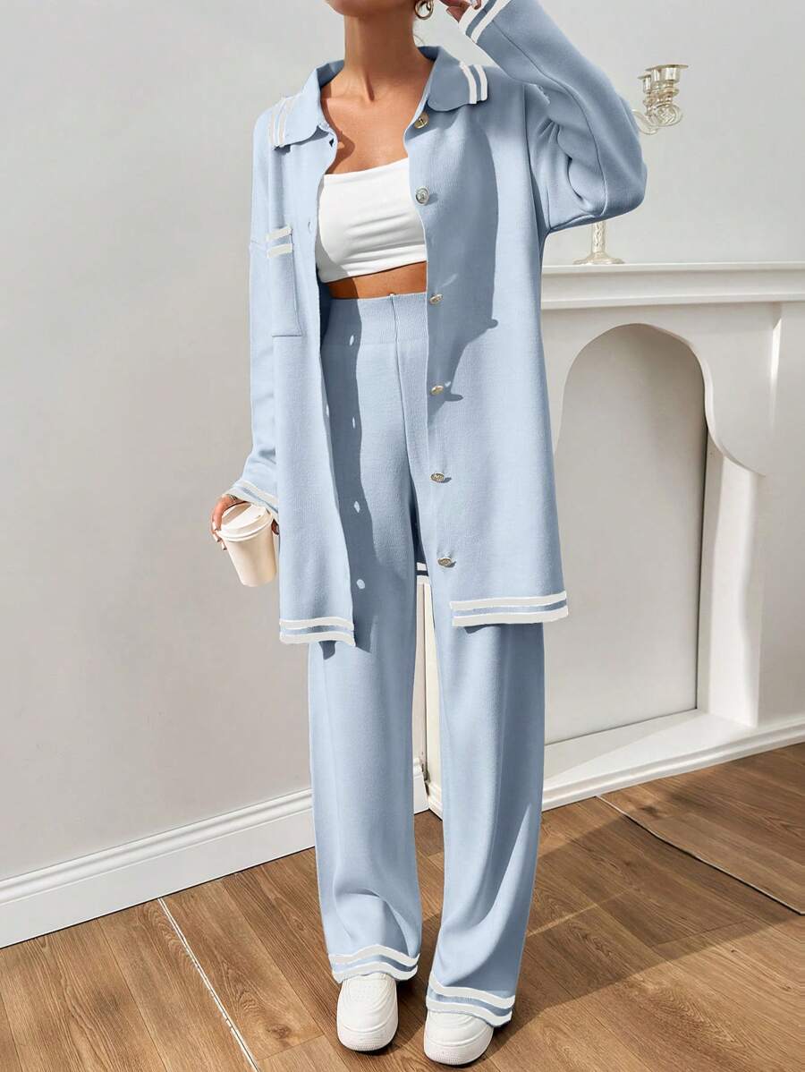 EURMUSE Women Stripe Pattern Pocket Detailed Front Button Cardigan & Sweater Pants Set - Baby Blue - View 1