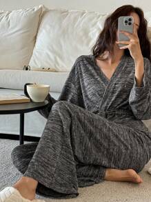 DAZY Casual Minimalist Mixed Color Knitted Waistband Cardigan Top Paired With Straight Loose Knit Pajama Pants Loungewear Set - Dark Grey - View 1