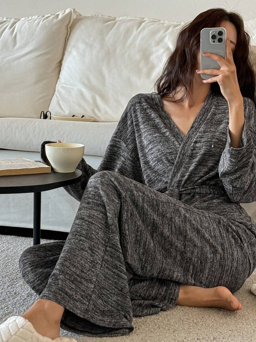 DAZY Casual Minimalist Mixed Color Knitted Waistband Cardigan Top Paired With Straight Loose Knit Pajama Pants Loungewear Set - Dark Grey - View 1