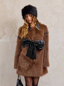 SHEIN SXY 女士冬季夹克，温暖厚棕色 PU 皮革蝴蝶结蓬松外套 - 棕色 - 查看 4