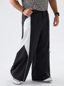 Mainfolk Plus Size Men's Loose Black And White Casual Woven Palazzo Pants, Going Out Long Baggy Black Pants, For Husband, Boyfriend Gifts - Black and White - View 1