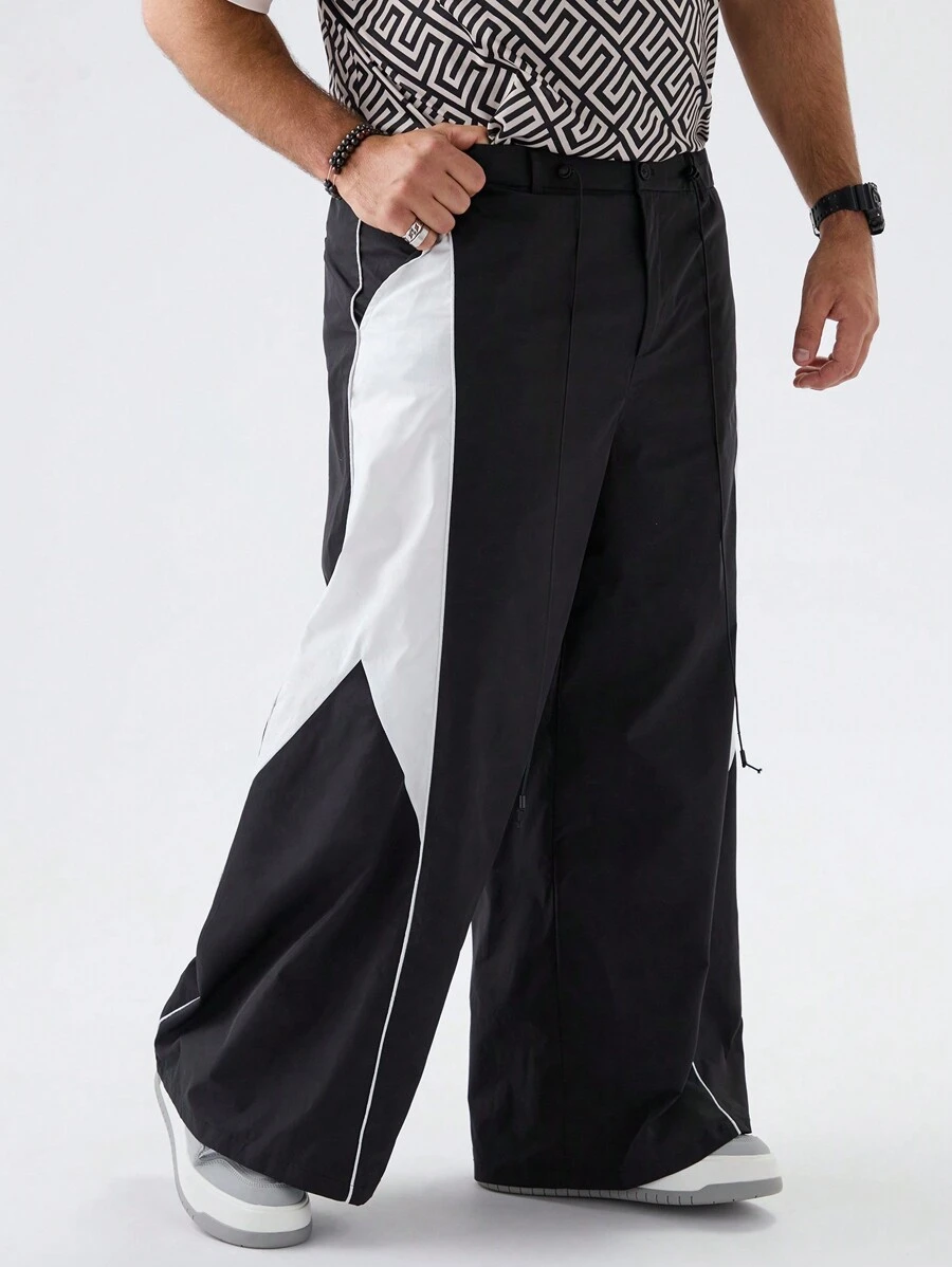 Mainfolk Plus Size Men's Loose Black And White Casual Woven Palazzo Pants, Going Out Long Baggy Black Pants, For Husband, Boyfriend Gifts - Black and White - View 1
