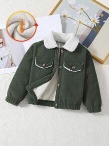 SHEIN Young Girls Fluffy Panel Front Button Casual Jacket With Pockets, Long Sleeve - Army Green - View 1