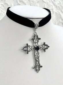 ROMWE Hippie 小众朋克哥特式十字架吊坠奢华休闲项链，万圣节 - 黑色 - 查看 2