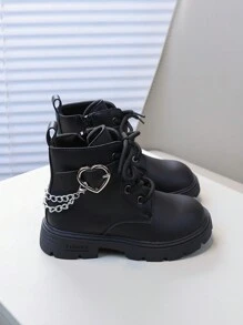 1 Pair Black PU Thermal Lined Kids Simple Boots, Short Ankle Boots For Girls, Infant Boots For Daily Wear