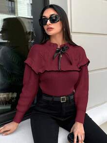 SHEIN Femmes pull à manches longues avec col lavallière froufrou, empiècement patchwork avec garniture à volants, automne/hiver - Rouge foncé - Voir 4